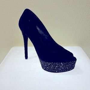 B Brian Atwood black suede rhinestone platform.